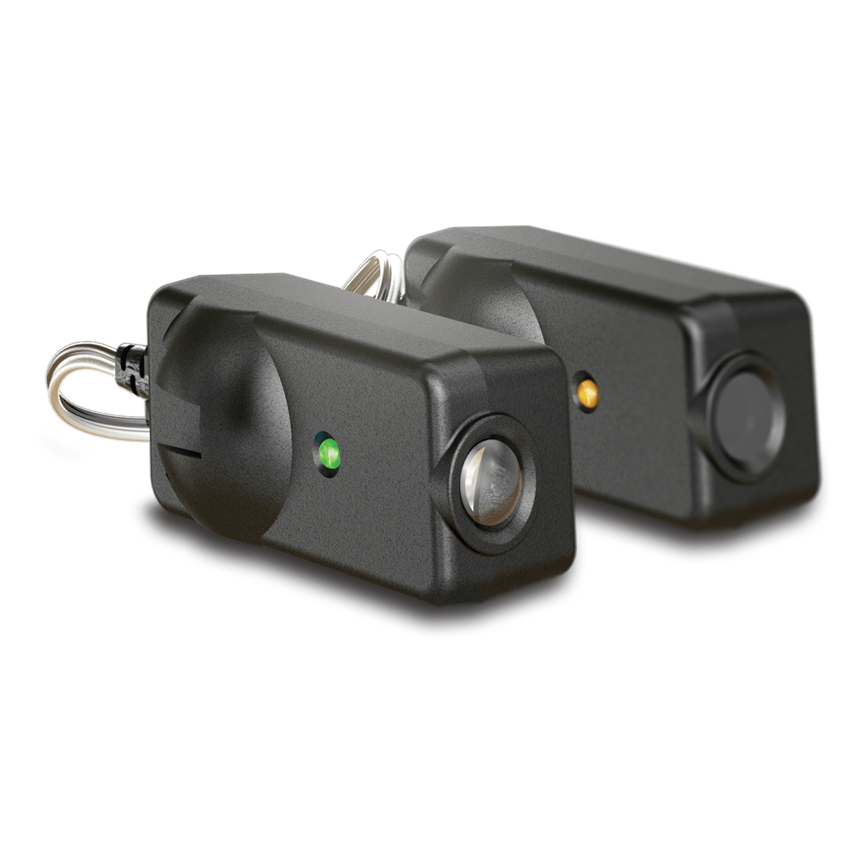 a pair of black speakers with green lights on them