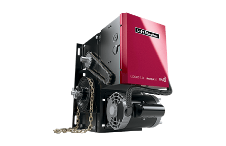 a red and black garage door opener with a chain attached to it .