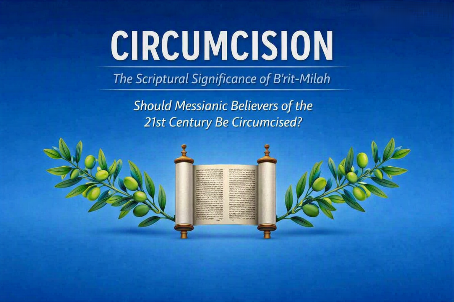 Blue religious poster reading “CIRCUMCISION” with scroll and olive branches