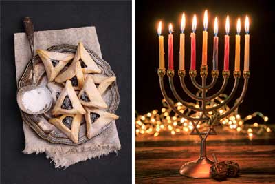 Hanukkah menorah lit with nine candles beside a tray of star-shaped cookies and a white dreidel toffee spool