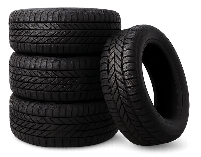 Stack of black tires with one tire leaning on the right
