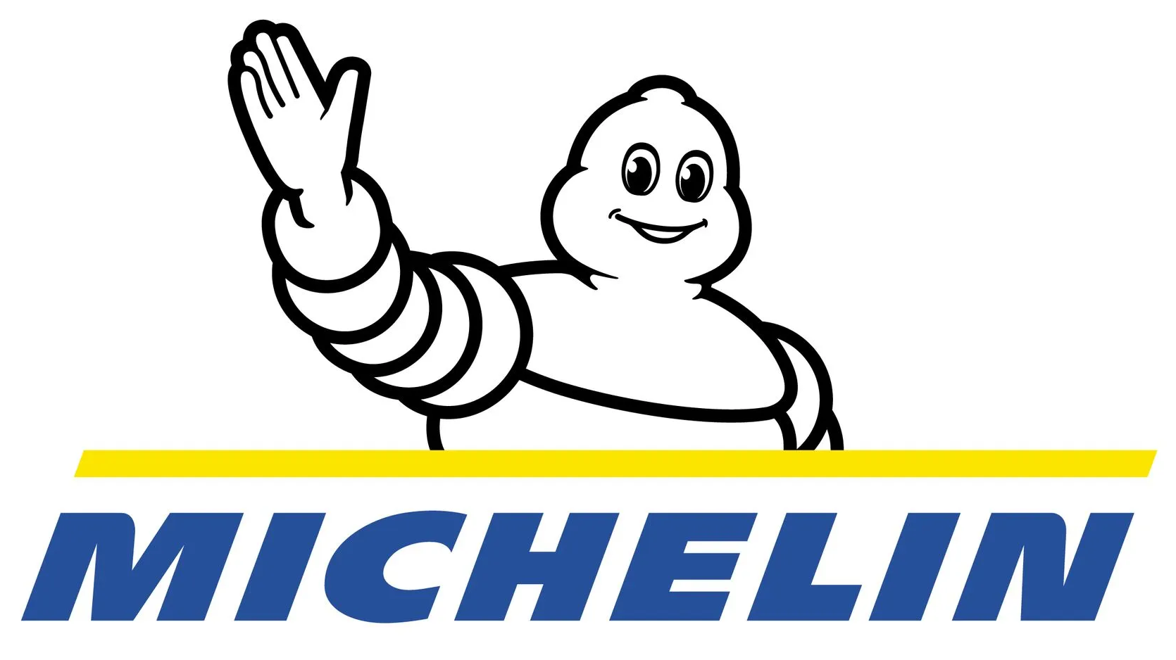 Michelin logo with the smiling white Bibendum mascot waving above blue text and yellow stripes