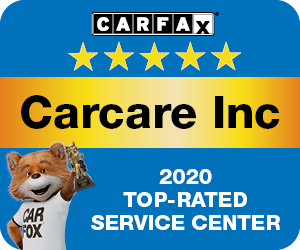 CARFAX 2020 Top-Rated Service Center badge for Carcare Inc, blue and yellow with five stars and CAR FOX mascot