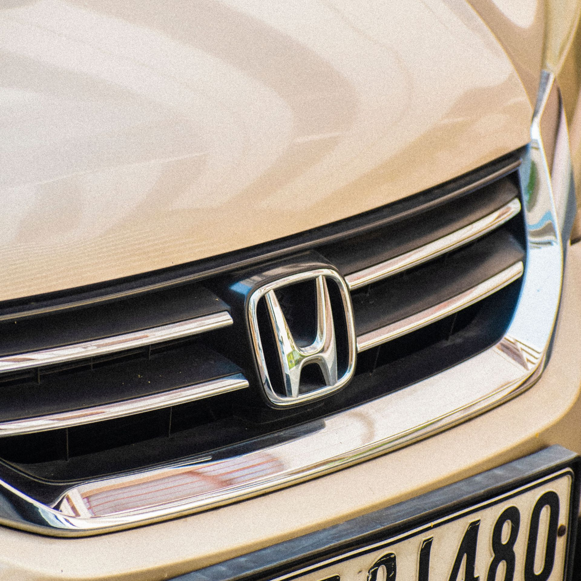 Close-up of a beige Honda grille and emblem above a partially visible license plate.