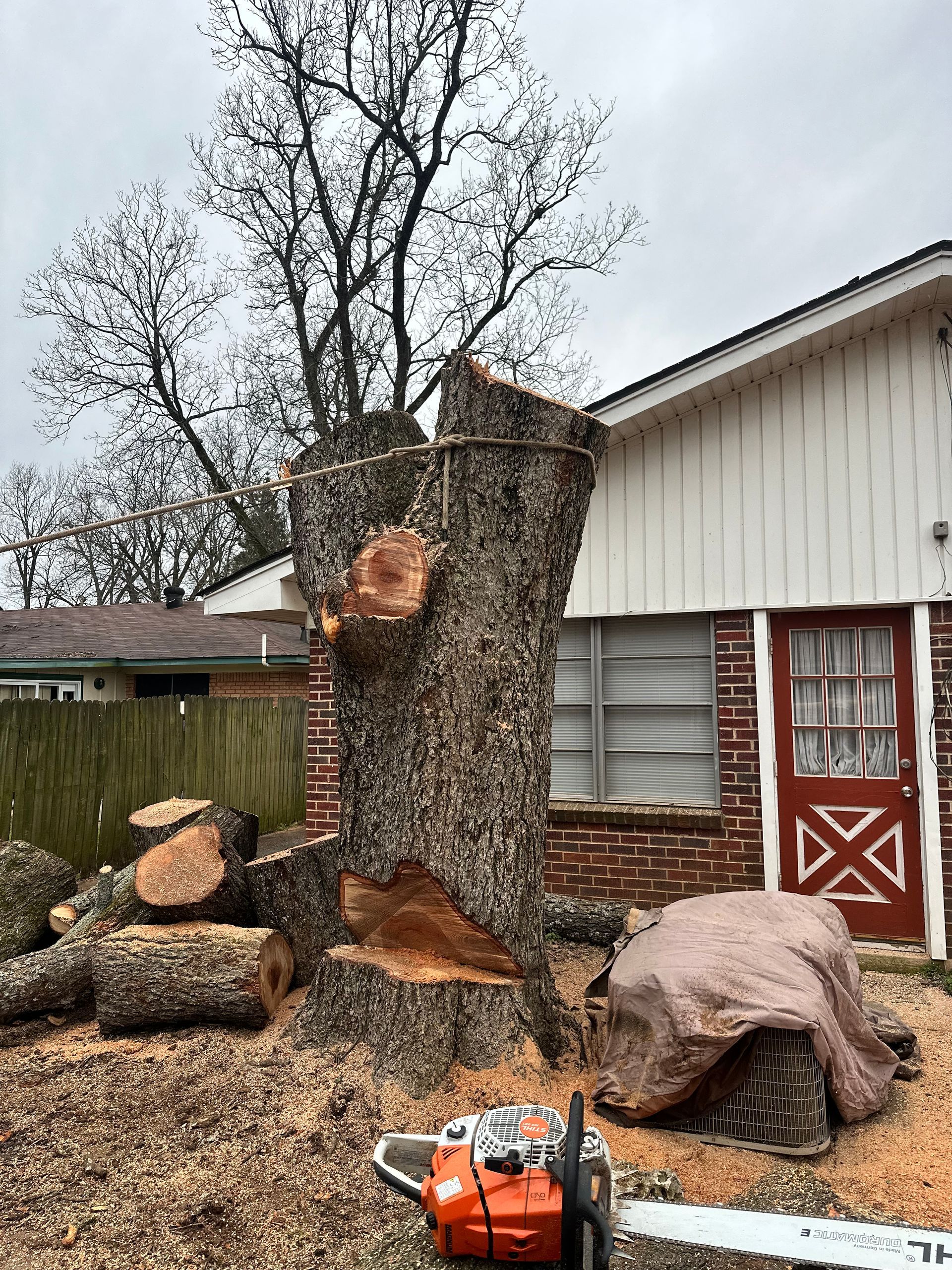 Tree stump next to a brick house, chainsaw on the ground, cut logs nearby, cloudy sky.