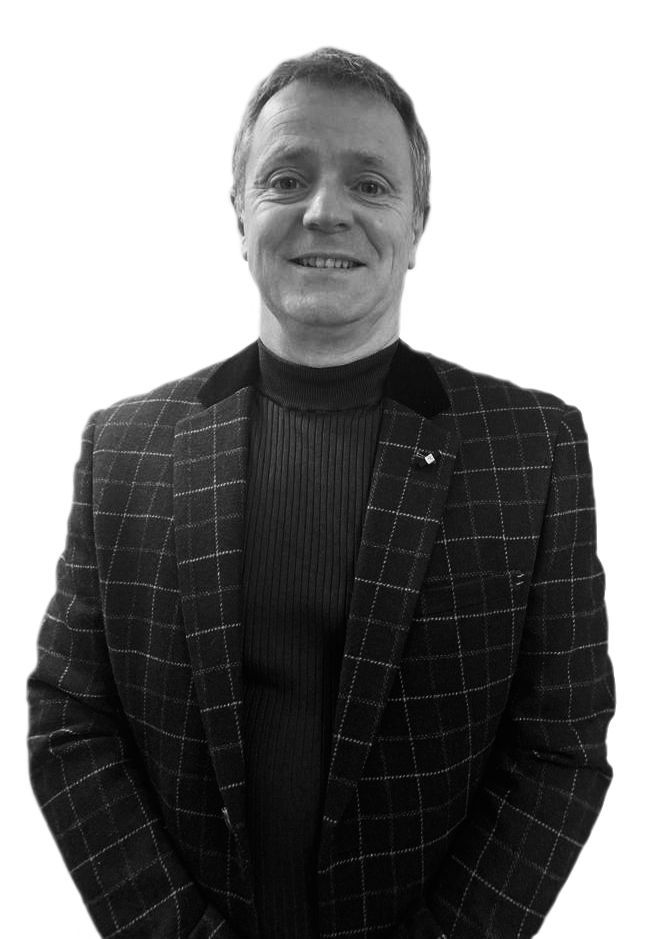 Black and white image of Mark Bowerman Black and white, cut out picture of Mark Bowerman wearing a jacket.