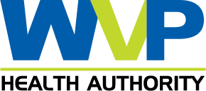 Logo for WVP Health Authority, featuring the letters WVP in blue and lime green above the text