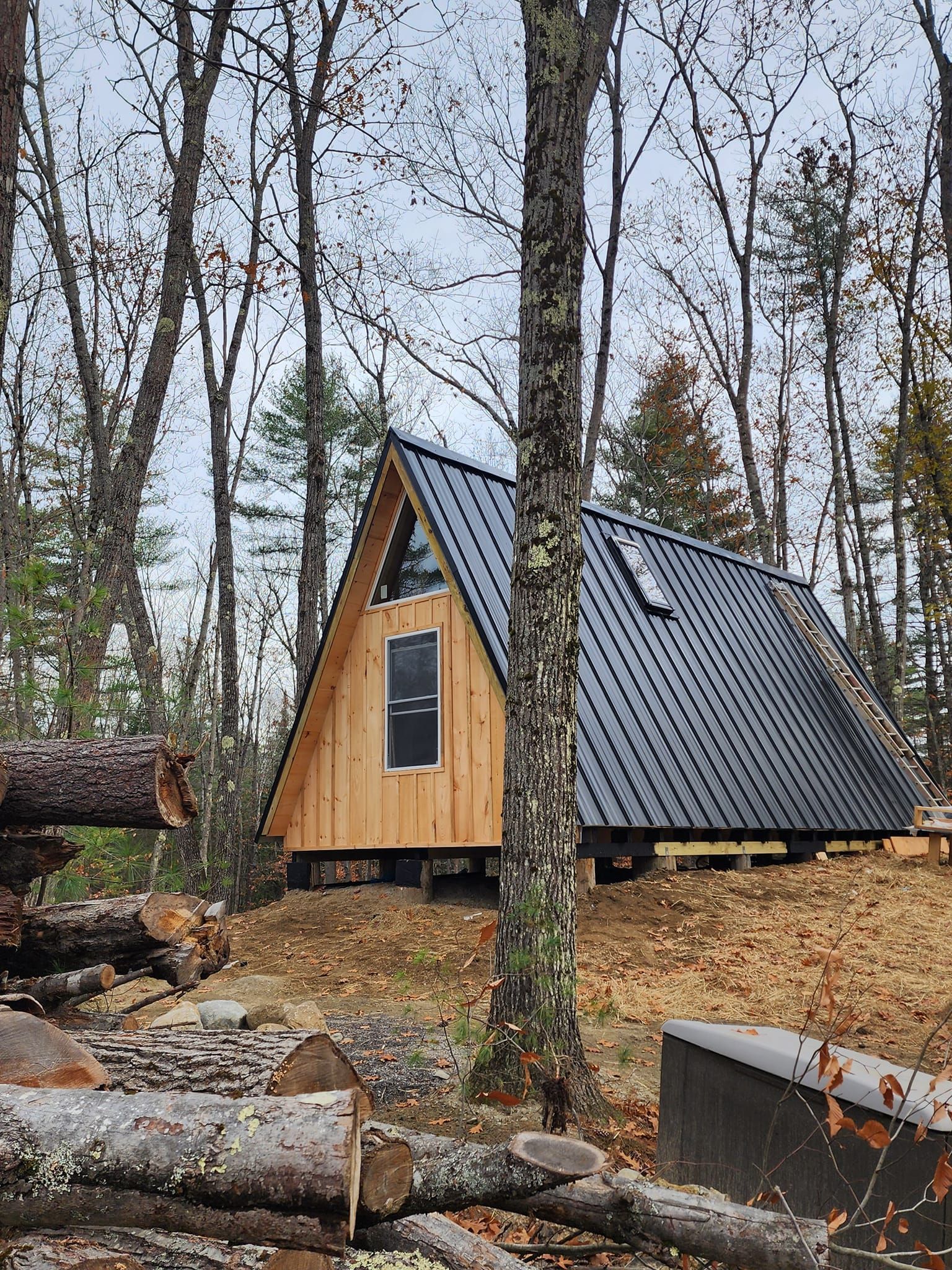 Small A-frame cabin with dark metal roof in a leafless forest, surrounded by logs and rocks