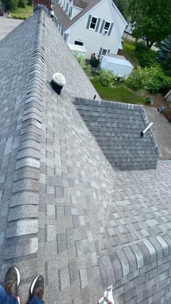 View from a steep gray-shingled roof overlooking neighboring houses and a backyard.