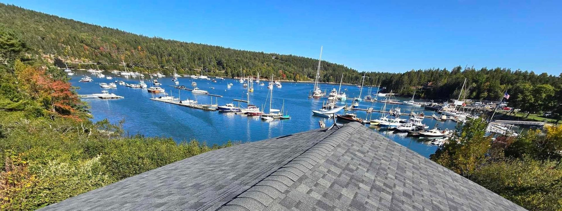 Marina with many sailboats in a blue harbor, viewed from a wooden dock under a clear sky