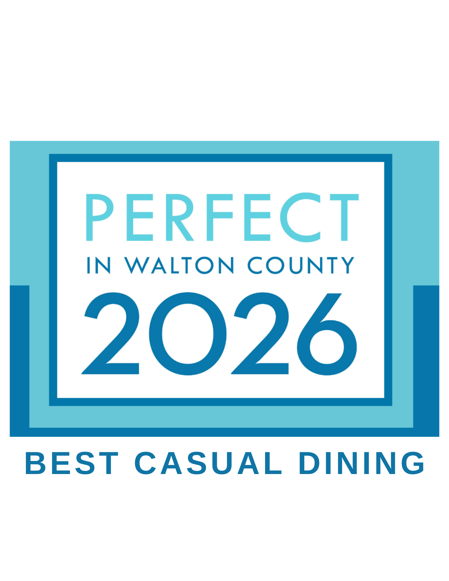 Perfect in Walton County 2026 winner badge for Best Casual Dining, blue and white