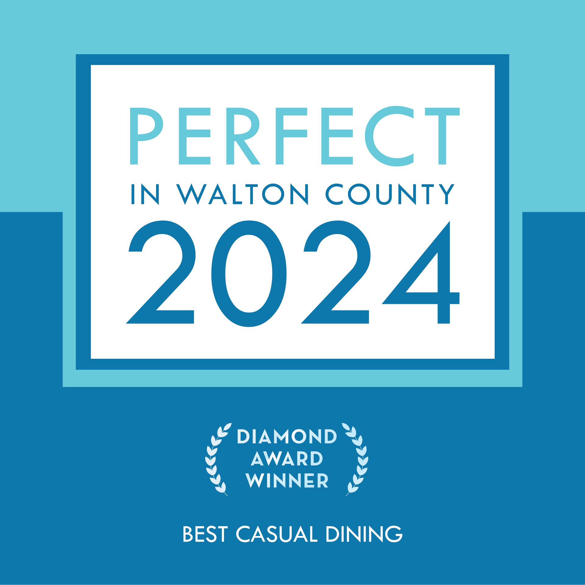 Perfect in Walton County 2024 award badge for best casual dining, blue and white.