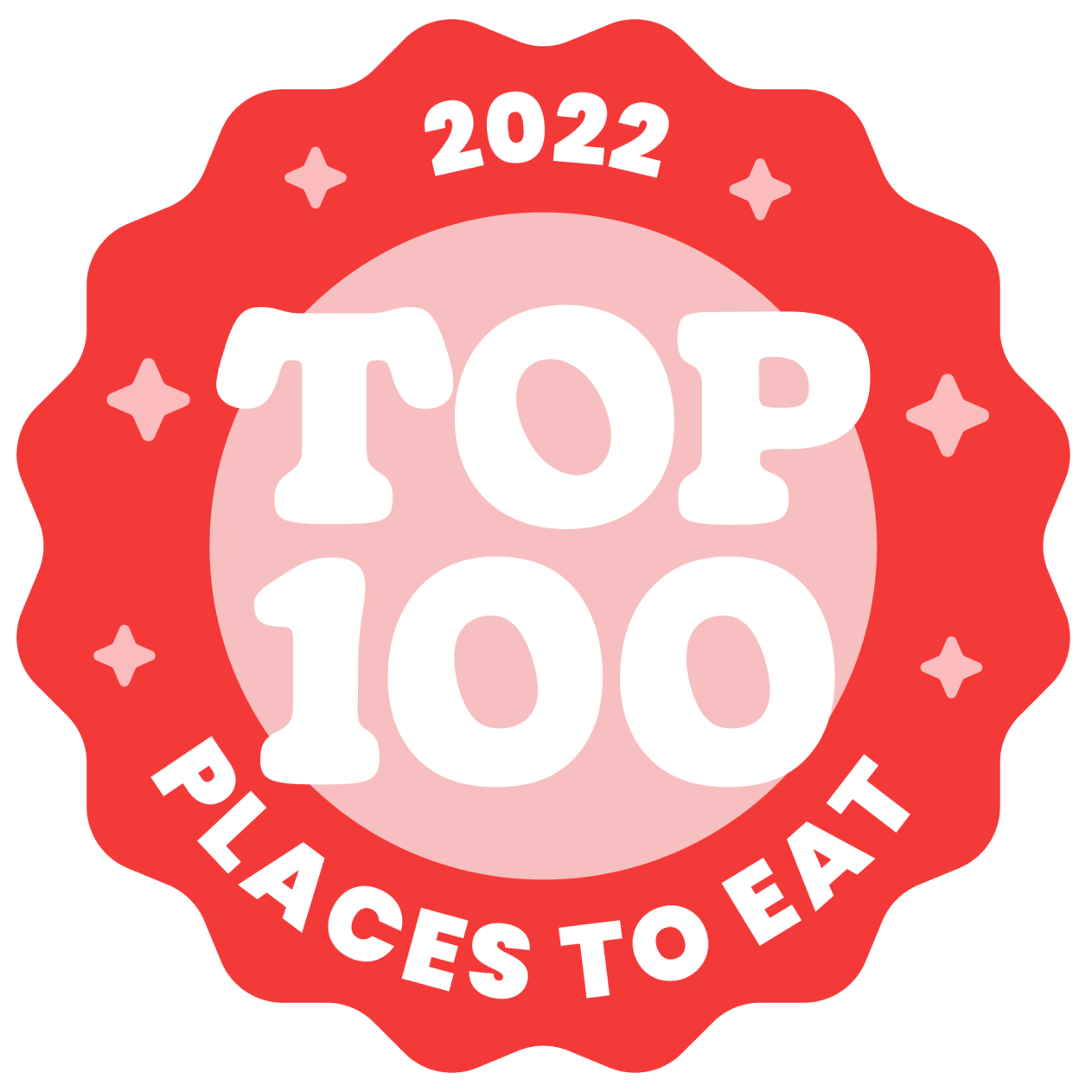 2022 Top 100 Places to Eat red award badge with white text