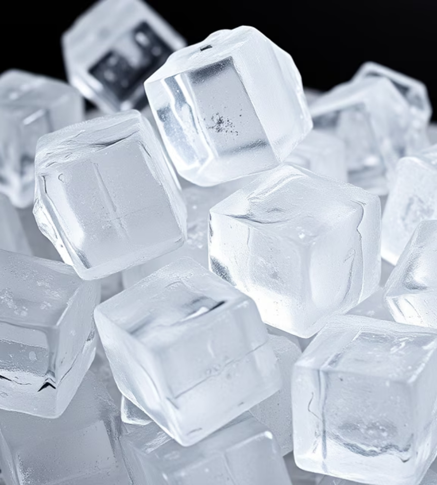 A close-up of clear, glistening ice cubes stacked against a black background.