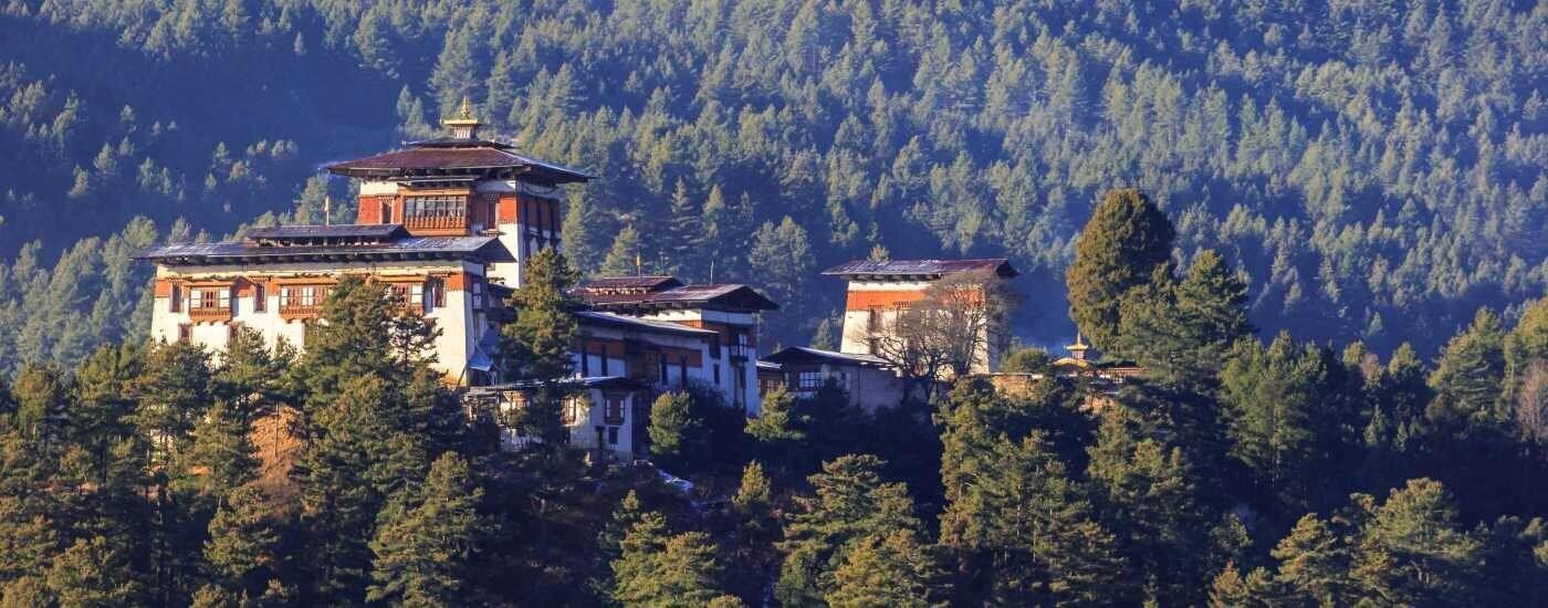 Fortress-like building nestled among lush green trees, in a mountainous landscape.