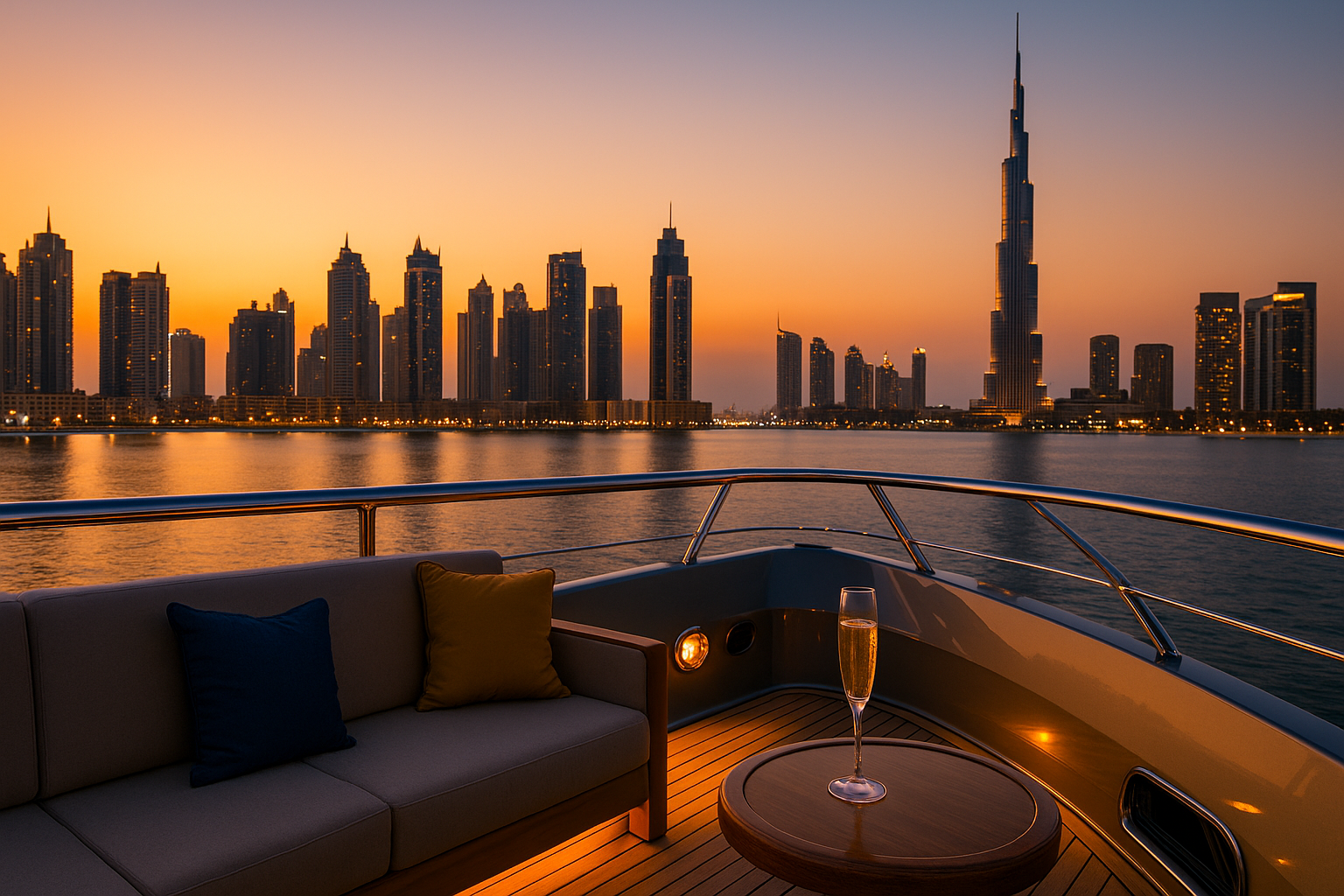 A yacht with a drink on deck, overlooking Dubai skyline at sunset.