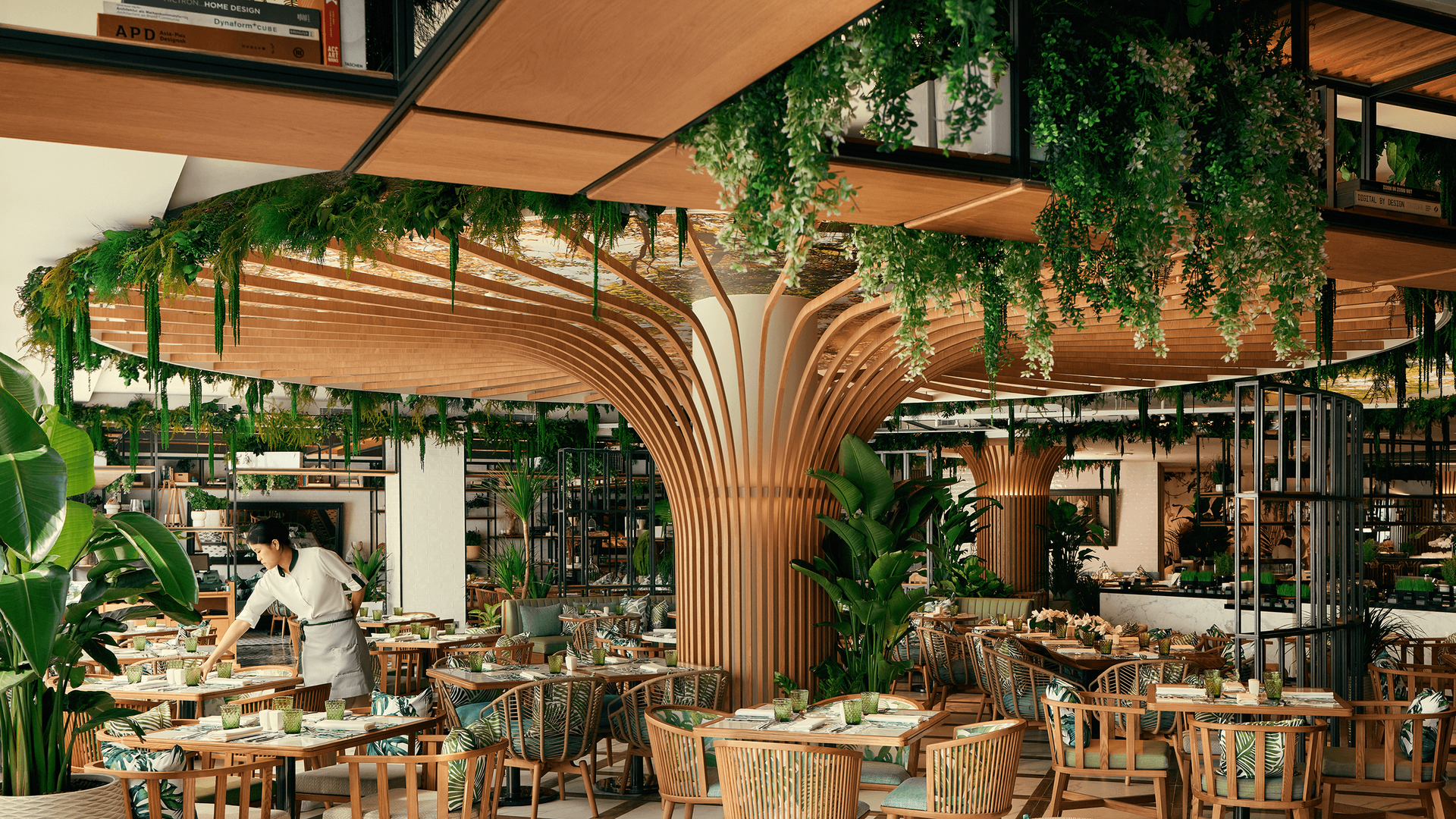 A restaurant dining room featuring a large, central wooden column with canopy beams and lush hanging greenery.