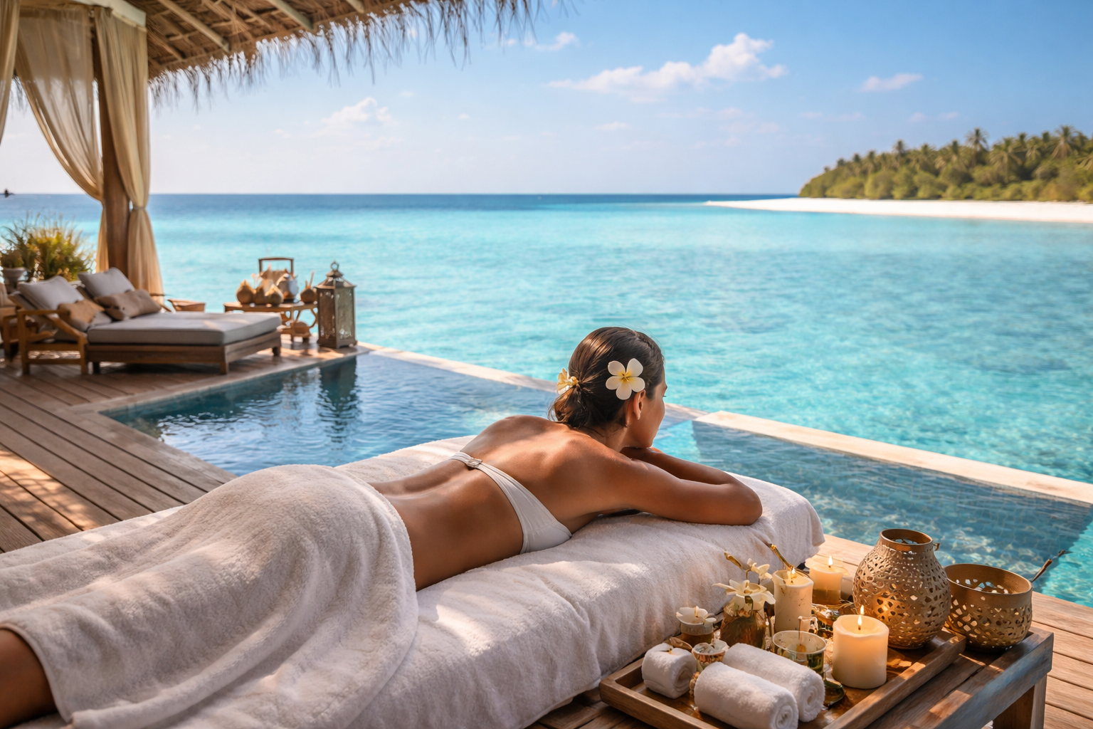 Person relaxing on a massage table by a turquoise ocean, with candles and a thatched roof cabana nearby