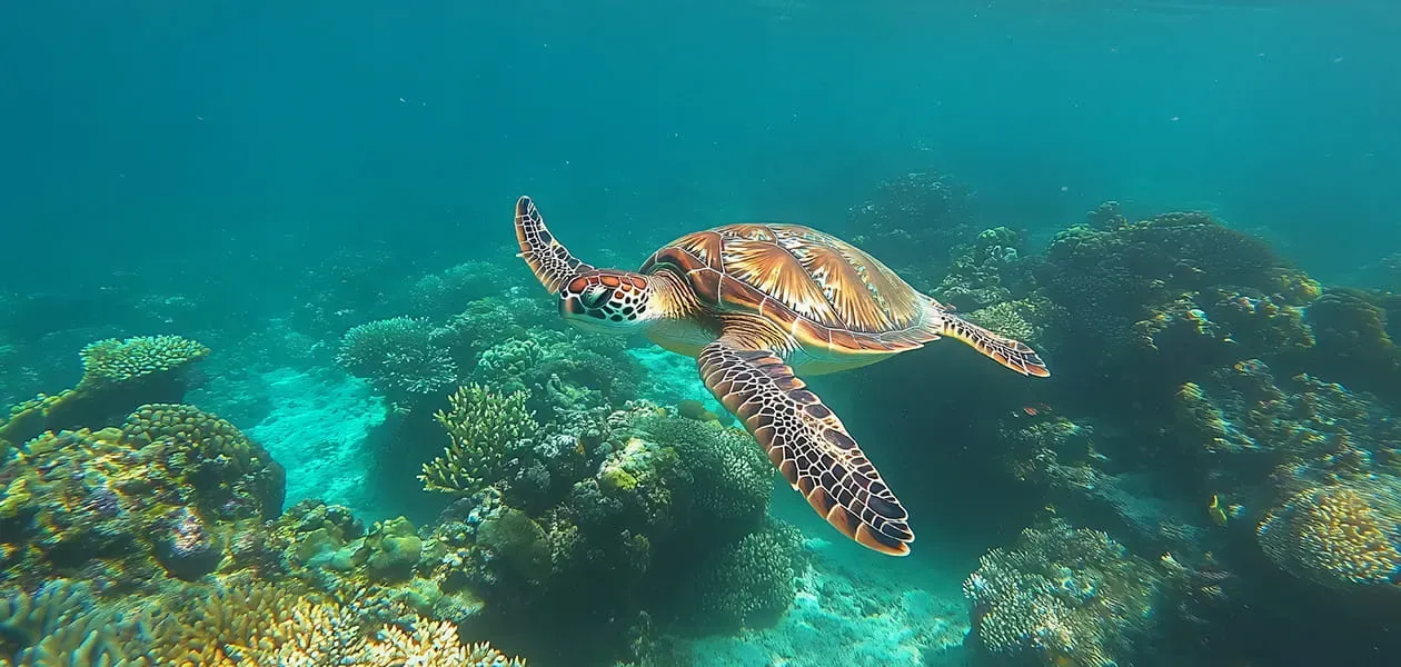 A sea turtle swims in the turquoise ocean, near a coral reef.