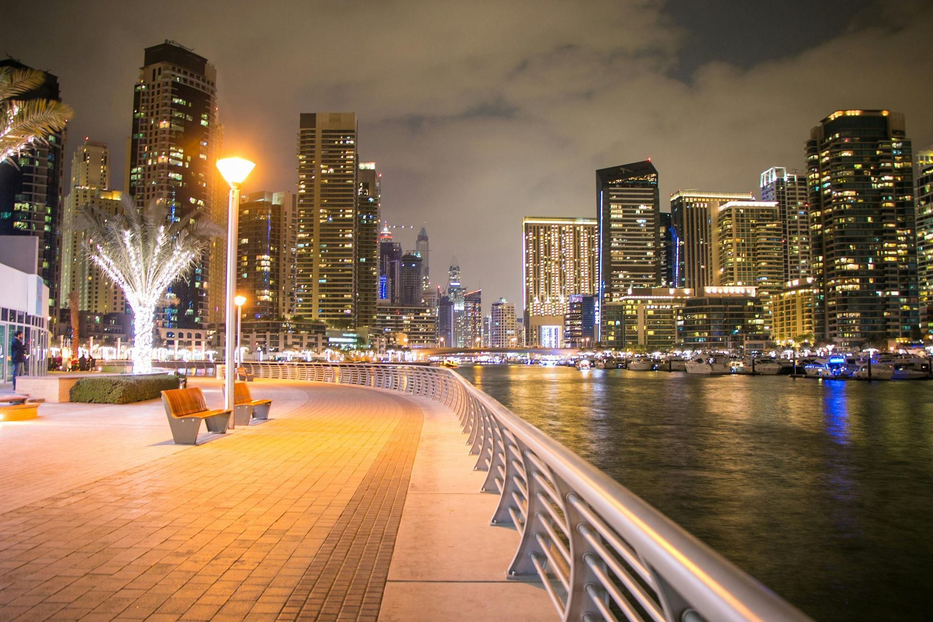 Night view of Dubai Marina waterfront with illuminated skyscrapers and palm tree; person seated on bench.
