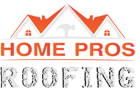 Logo for "Home Pros Roofing" featuring an orange roof illustration with a hammer and the company name in bold font.