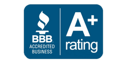 Blue Better Business Bureau (BBB) badge with a white torch icon and the text