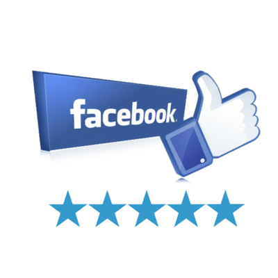 A blue Facebook logo with a thumbs-up icon above five filled blue stars.
