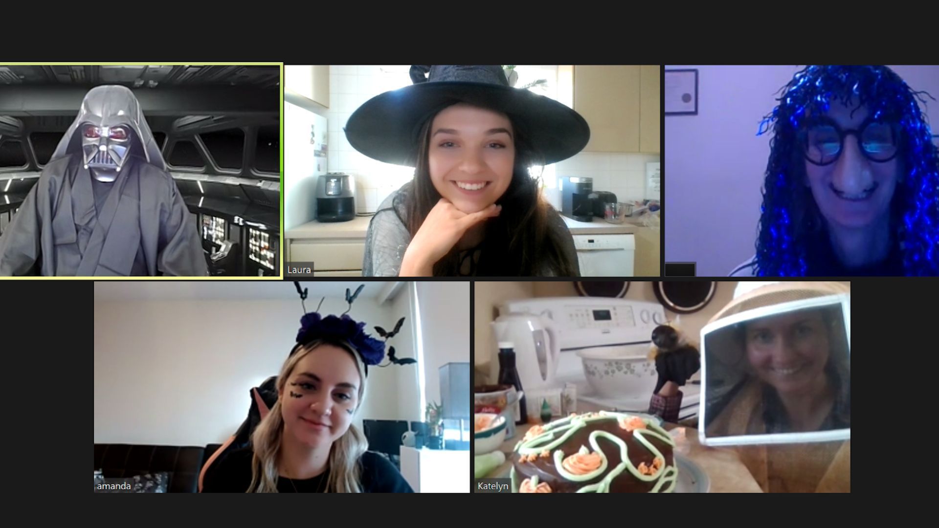 A group of people in costumes are having a video call.