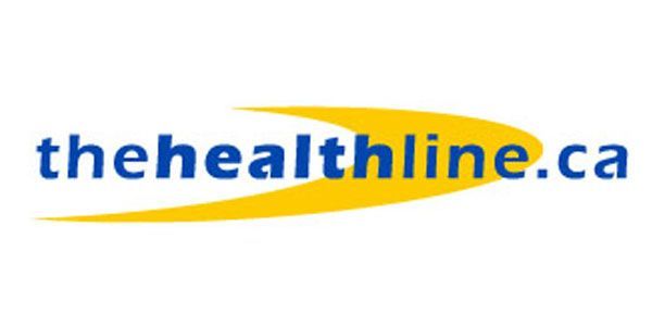 A blue and yellow logo for the healthline.ca