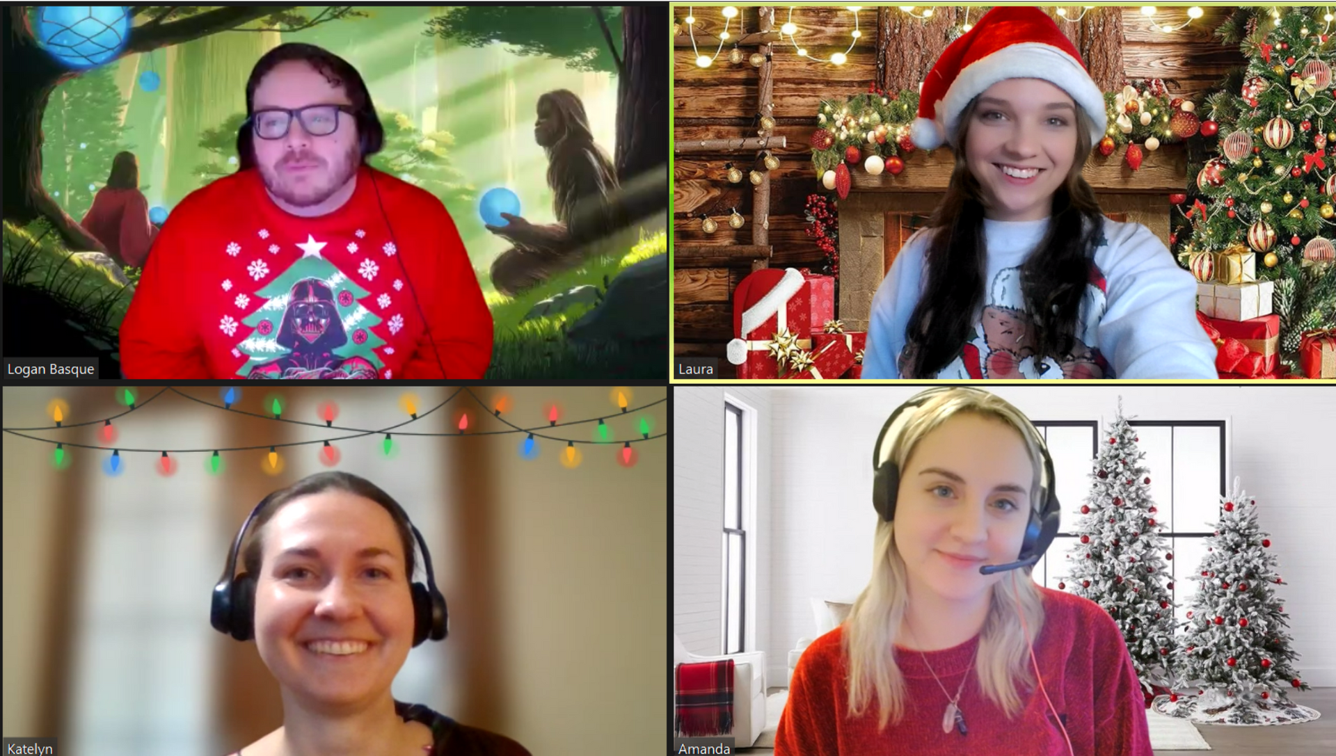 A group of people are sitting in front of a christmas tree on a video call.