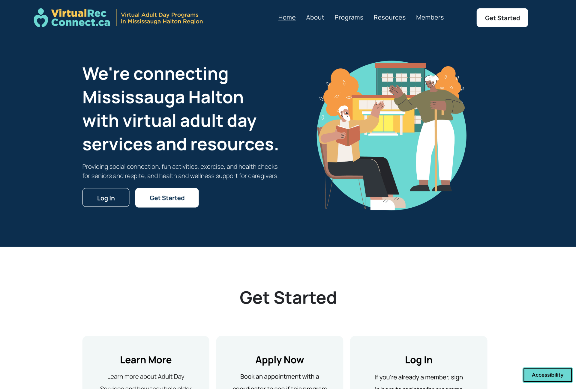 A screenshot of the website for mississauga halton with virtual adult day services and resources.