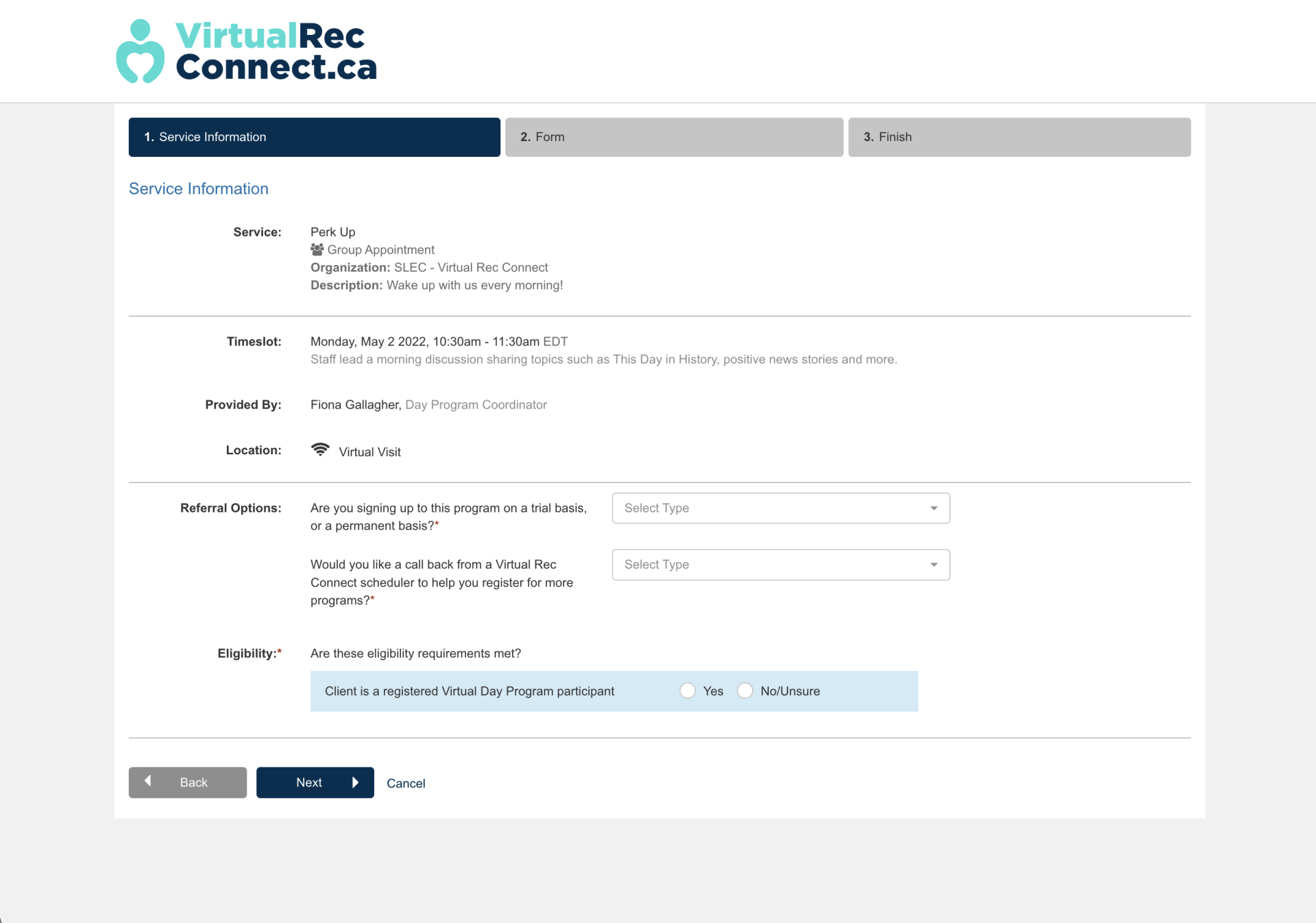 A screenshot of a website called virtual rec connect.ca