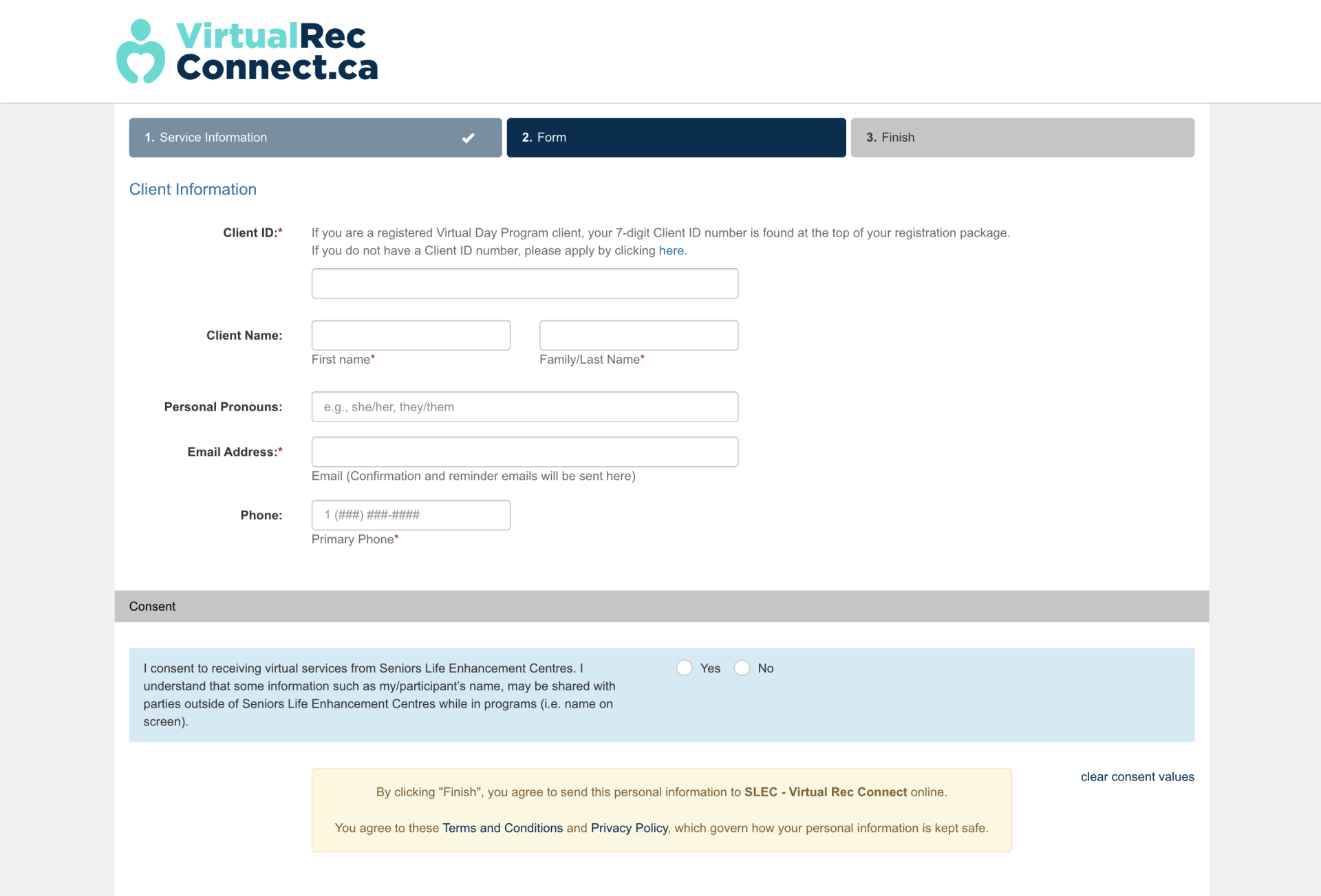 A screenshot of a website called virtual rec connect.ca