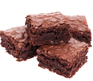 Three brownies are stacked on top of each other on a white background.