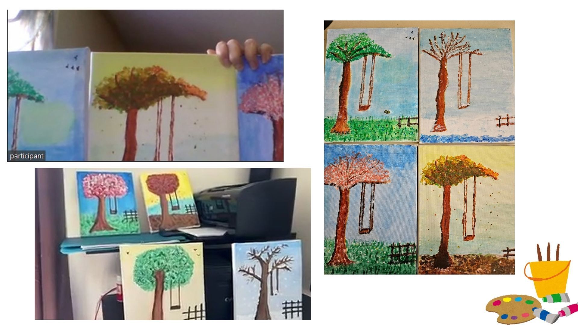 A person is holding a painting of trees on a canvas.