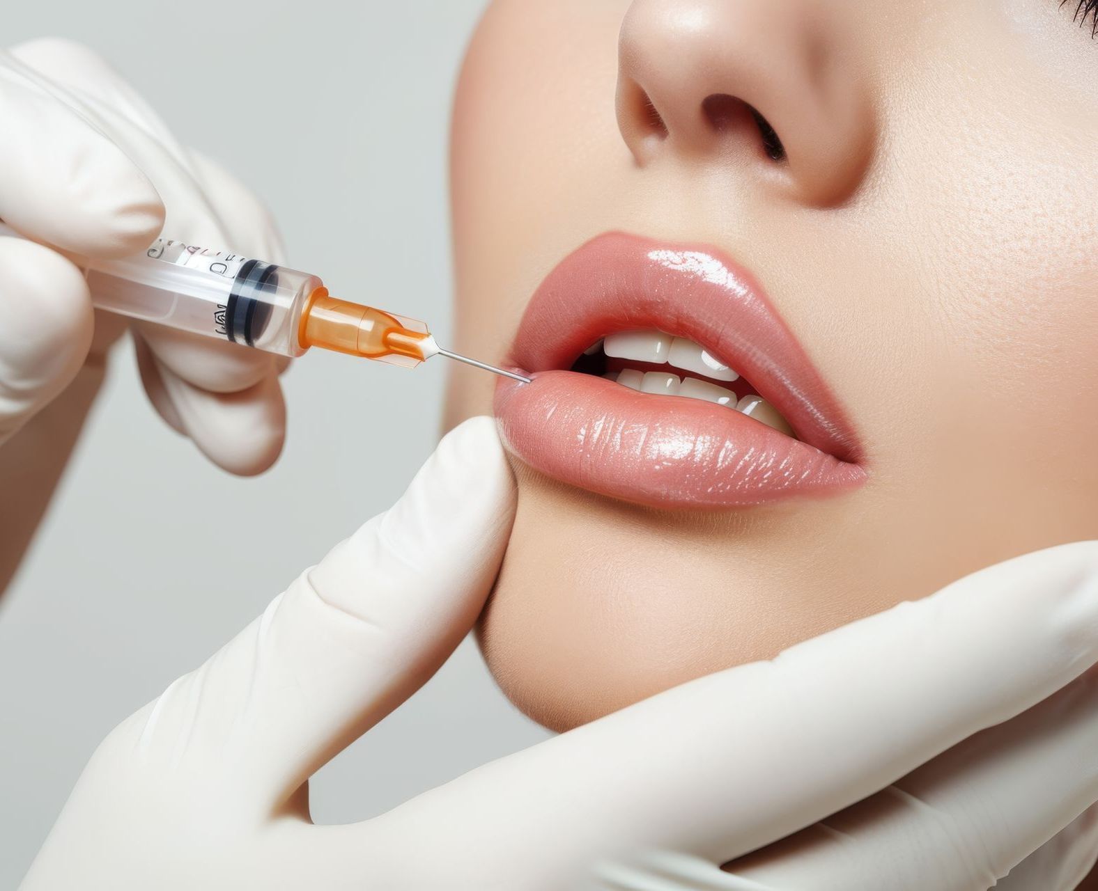 Eine Frau bekommt eine Botox-Injektion in die Lippen.
