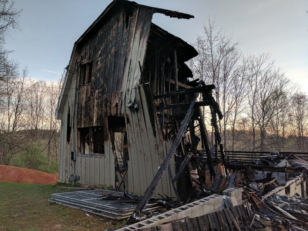 A structure that has been destroyed by a fire.
