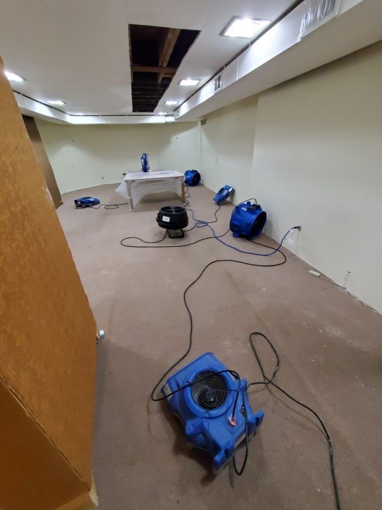 Room with industrial blue vacuum cleaners sitting on the floor.
