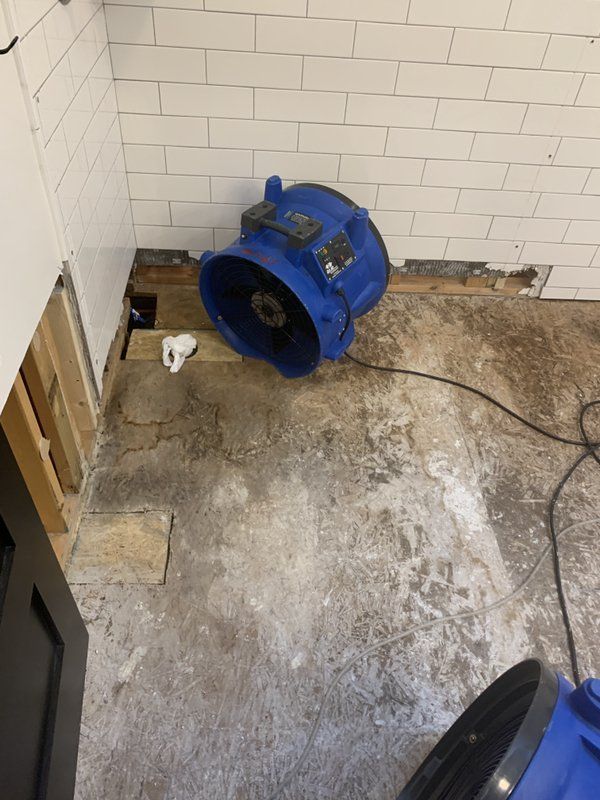 A blue industrial fan is sitting on the floor in a room next to a brick wall.