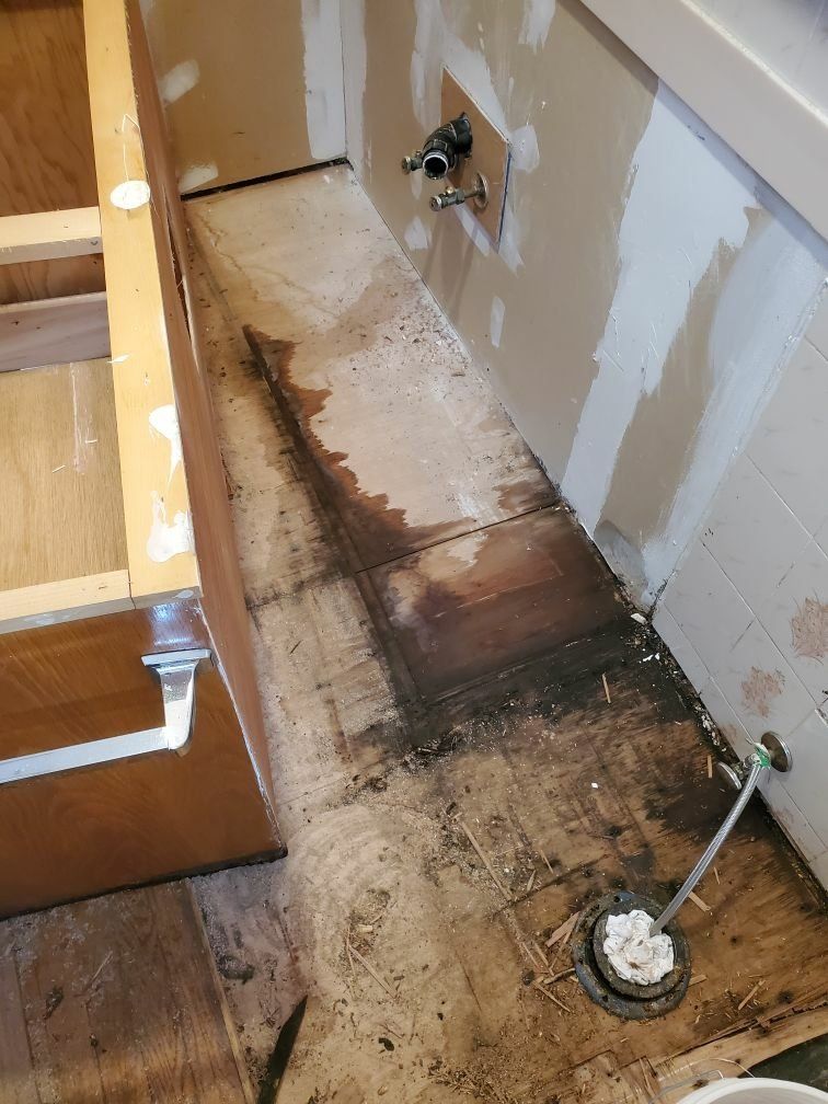 A room with mold damage on floor. 