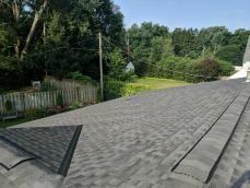 House roof with grass and trees in the background.