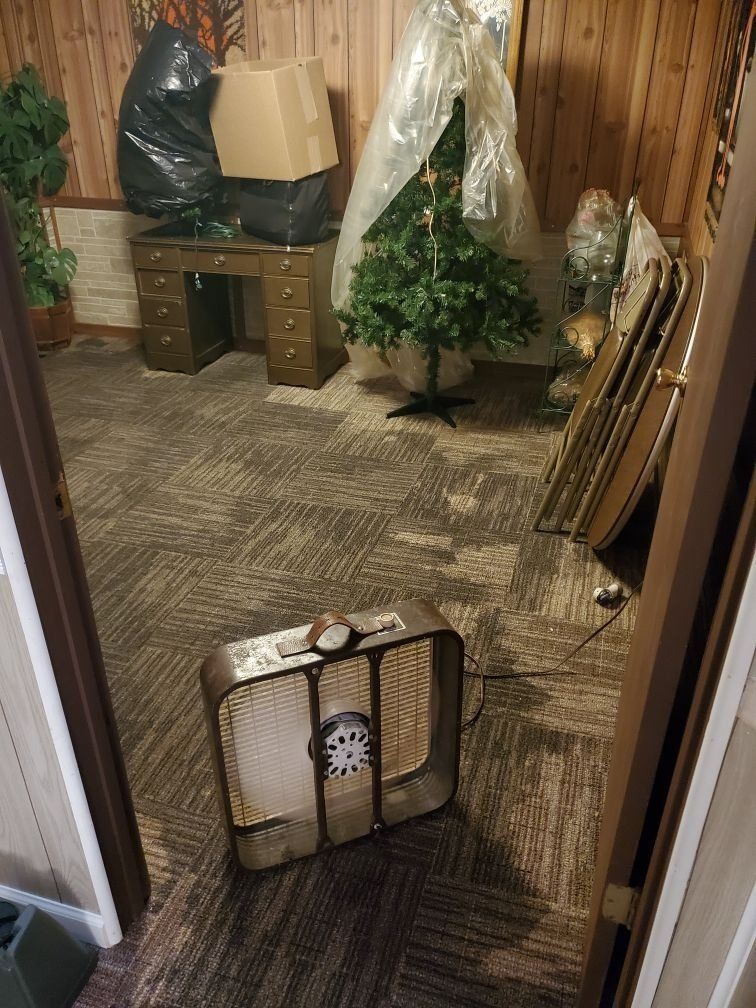 A suitcase is sitting on the floor in a room with a Christmas tree.