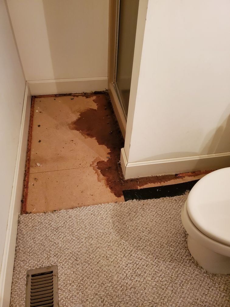 A bathroom with a toilet and water damage on floor.
