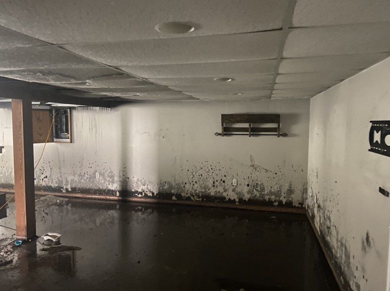 A flooded basement with a lot of water on the floor and walls.