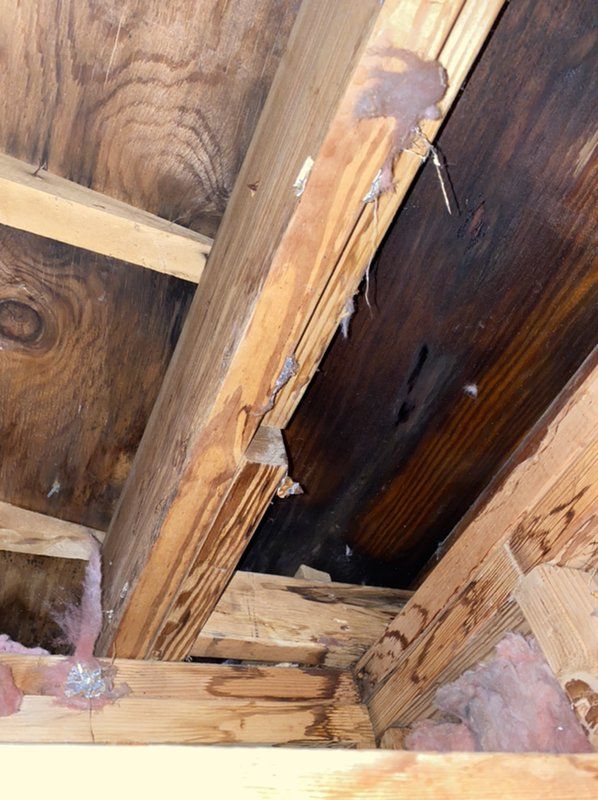 A close up of a wooden beam and a floor that has been water damaged.