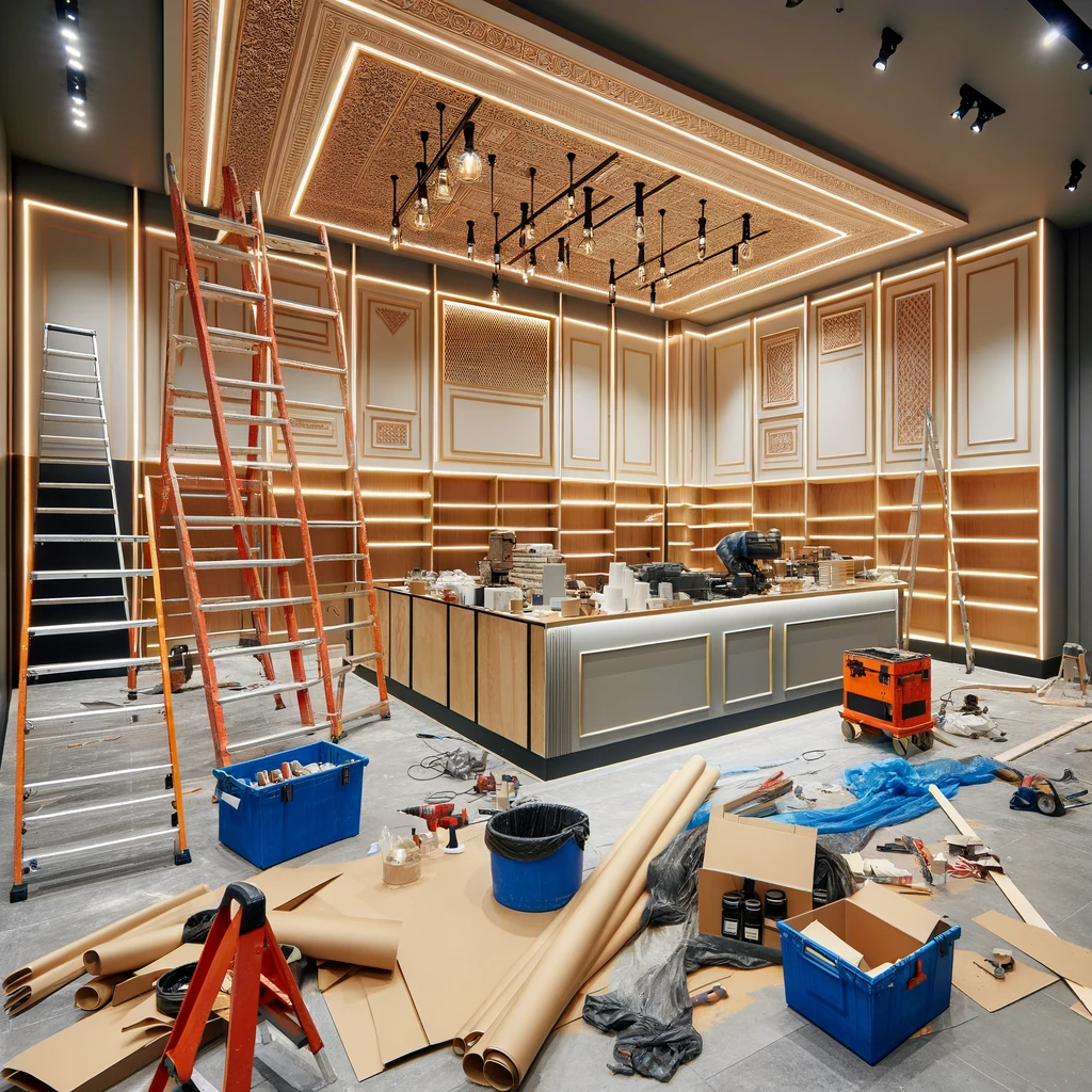 A room that is being remodeled with a lot of boxes on the floor and ladders throughout.