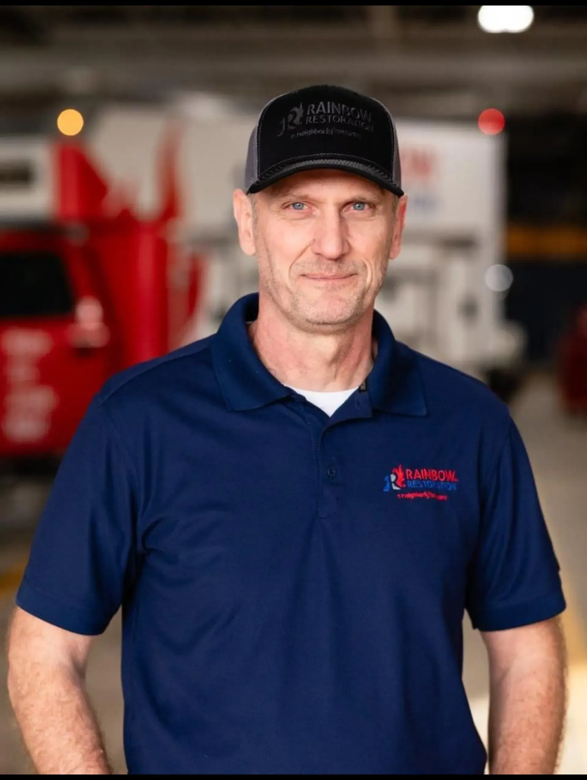 A man wearing a hat and a blue shirt is standing in a garage smiling for the camera. 