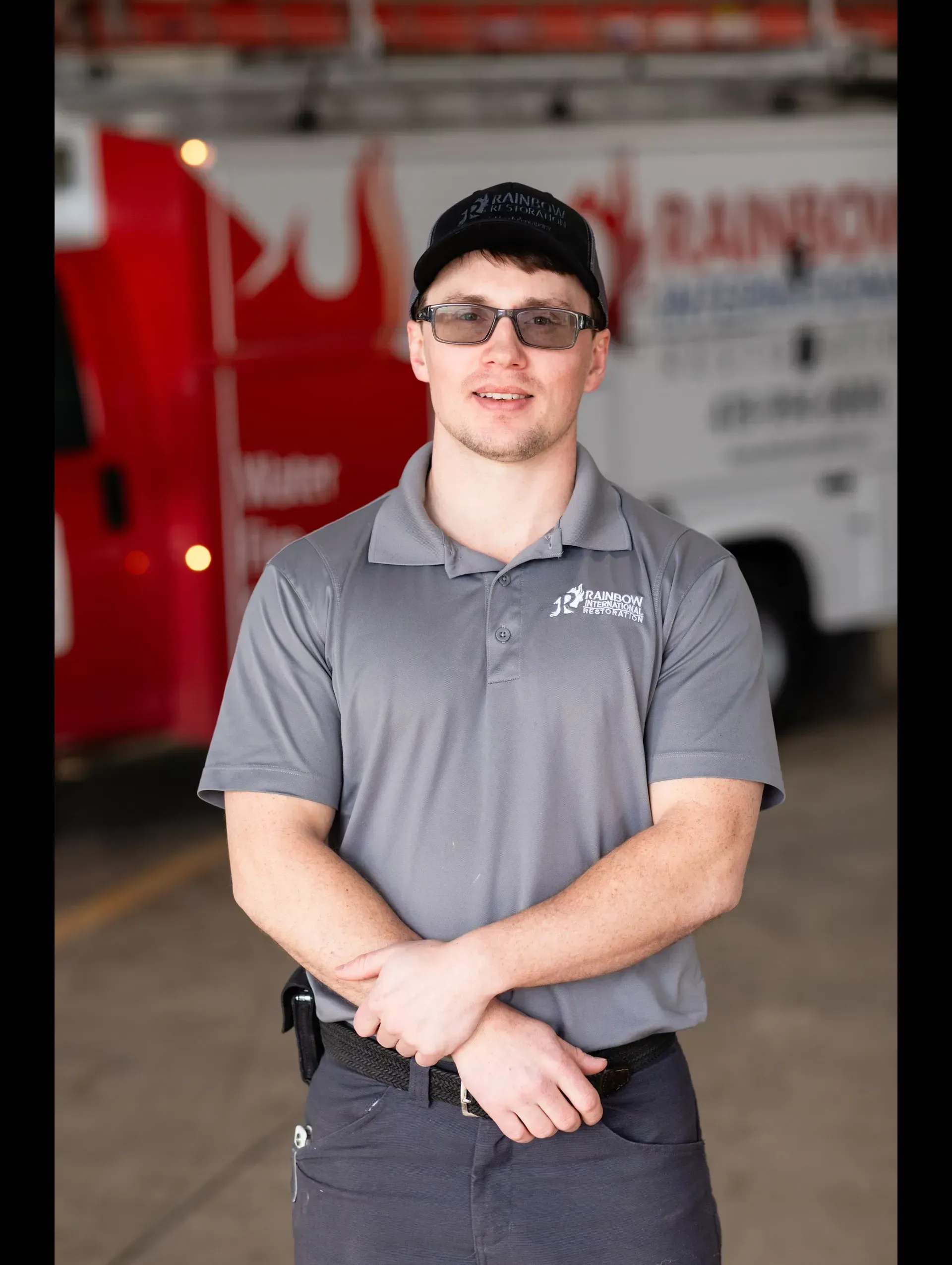 A man wearing a hat and a Rainbow International Restoration shirt is standing in front of a truck smiling.