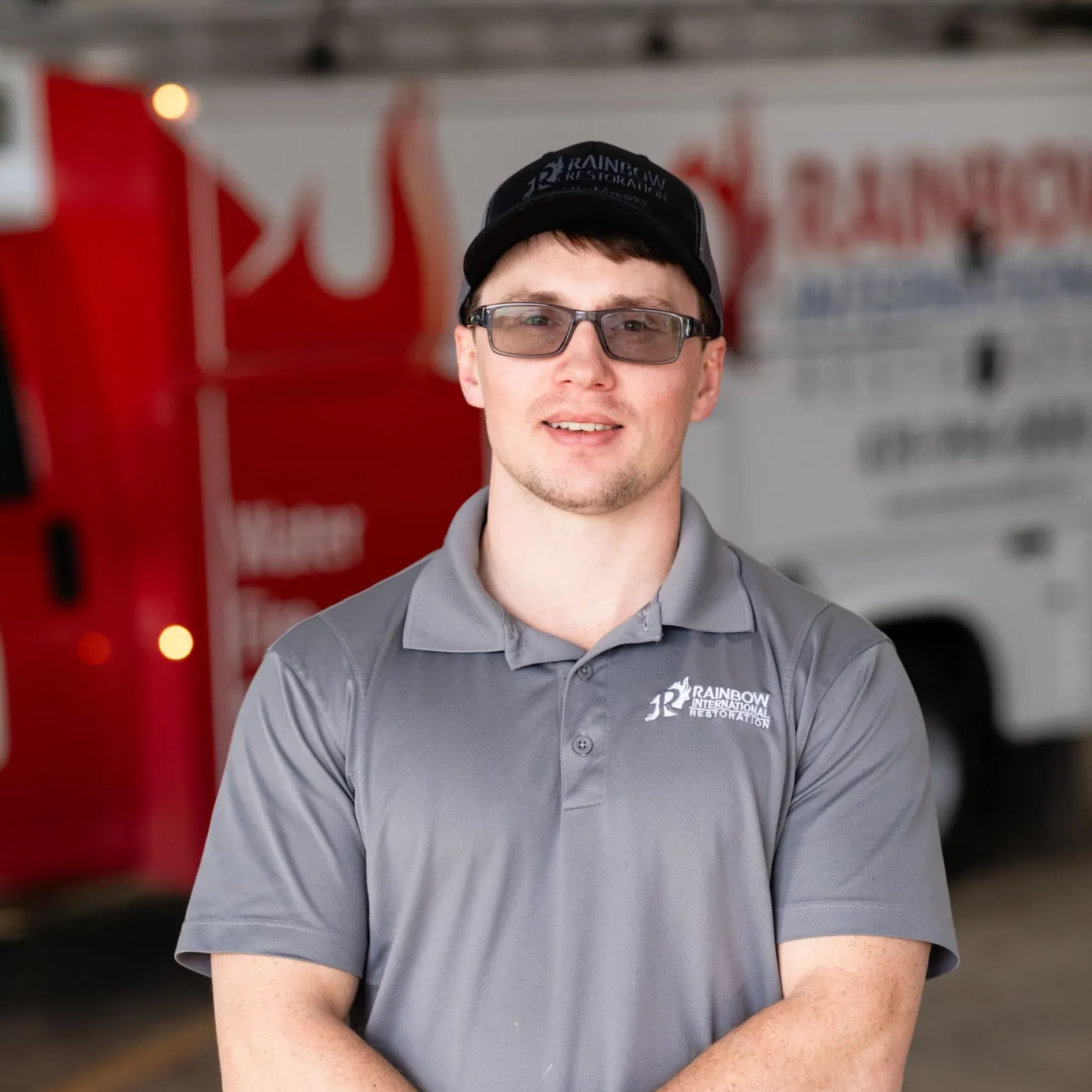 Man wearing glasses and a cap, standing in front of a van with a logo.