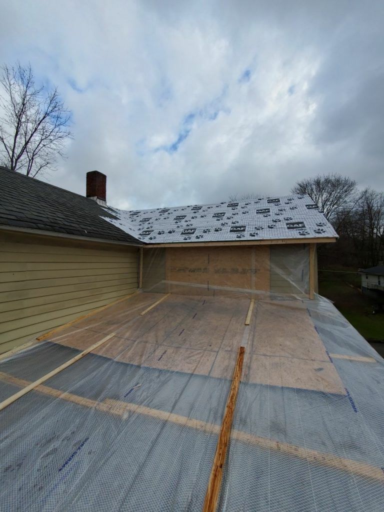 The roof of the home during the restoration process.